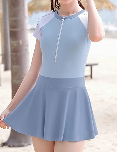 JadeRich Girls Rash Guard One Piece Swimsuit Short Sleeve Colorblock Swimdress UV Protection Bathing Suit3