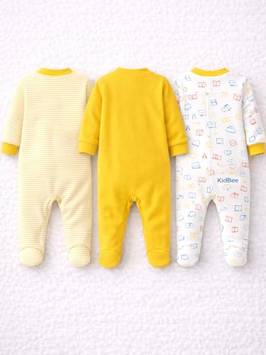 Image of Kidbee Baby Boys & Girls Full Sleeves Cotton Footed Romper Sleepsuit Pack of 3