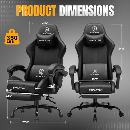 Image of GTPLAYER Gaming Chair with Pocket Spring Cushion, Leather Office Chair with Ergonomic High Back & Lumbar Support for Back Pain Relief, Computer Game Chair for Adults, Black