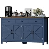 VVFLU 63' Sideboard Buffet Cabinet with Storage, Coffee Bar with 3 Drawers and 4 Barn Doors, Long Wider Storage Cabinet Modern Farmhouse, Blue Wood, for Kitchen, Dining Room, Living Room