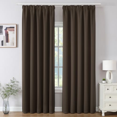 Joydeco Cortinas Opaca Termicas Aislantes Frio y Calor An 132 x Al 245 Marrón 2 Piezas Cinta Fruncidora Riel para Salon Dormitorio