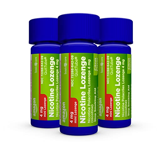 Image of Amazon Basic Care Mini Nicotine Polacrilex Lozenge, 4 mg, Citrus Flavor, Stop Smoking Aid, Reduces Withdrawal Symptoms, 81 Count