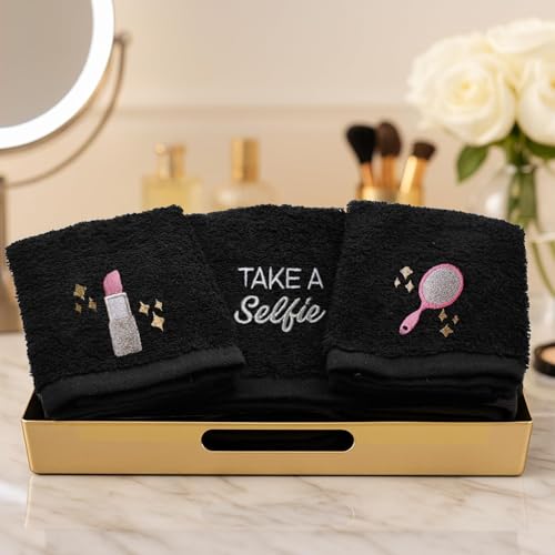 Image of DAN River Black Makeup Towels - Pack of 6 (13x13 in) - Ultra Soft Cotton Face Towels with Embroidery - Reusable, Quick-Dry & Machine Washable Makeup Remover Cloths for Bathroom, Spa & Salon
