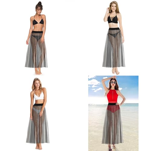 Women Sheer Mesh Maxi Long Skirt High Elastic Waisted Skirt Summer Beach Bikini Cover Up Black2