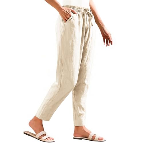 Cropped Linen Pants Women Lightweight Summer Drawstring Pants Petite Length Straight Leg Tapered Pants with Pockets