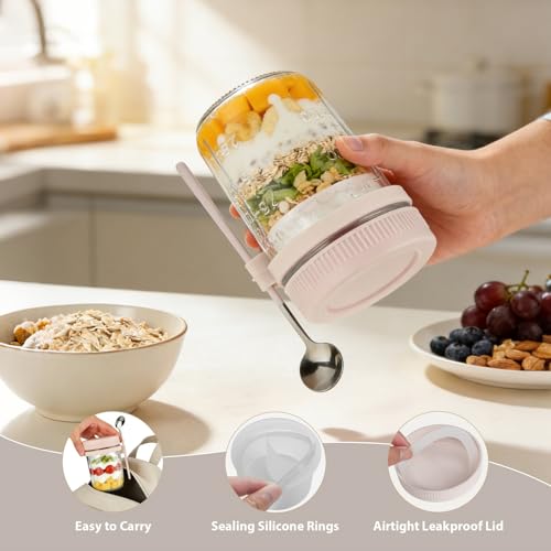 Image of 4 Pack Overnight Oats Containers with Lids and Spoons - 16 oz Glass Mason Jars with Dressing Cup, Over Night Oat Jars for Meal Prep, Yogurt Parfait Cup for Chiaseed Sugar Packet Holders (Beige)