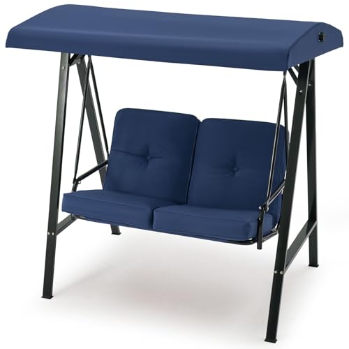Image of U-MAX 2 Seat Outdoor Patio Swing Chair for Adults, Porch Swings with Adjustable Canopy, Outside Swing Bench with Removable Cushion, Suitable for Backyard, Garden, Yard, Poolside, Balcony (Blue)