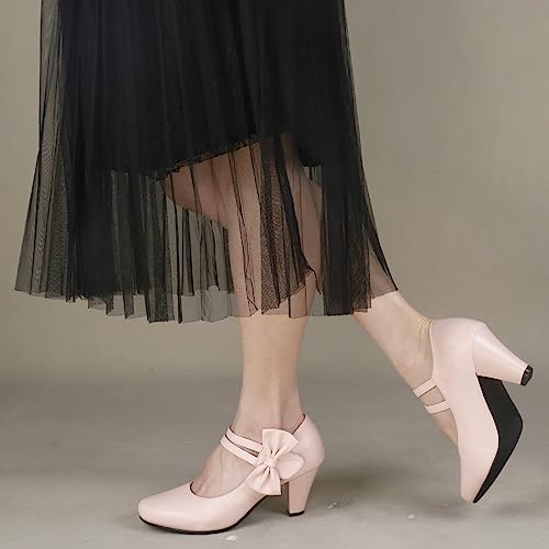 Erikenurben Pink Women's Vintage Mary Jane Shoes Sweet Bow Heels 1950S Pumps Ankle Strap Lolita Shoes Party Dressy Shoes Pink Size 37 Asian #TOP1