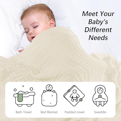 Image of SWEET DOLPHIN Muslin Baby Bath Towels Blanket - 2 Pack 100% Cotton Towel for Babies, Infants, Toddlers - 40x40Inch - Highly Absorbent, Ivory and Brown