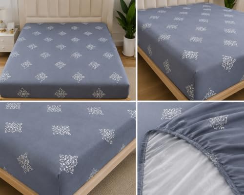 Image of RD TREND Premium Cloud Cotton Bedsheet for Double Bed King Size (78x72x8 Inch) with 2 Pillow Covers 18x28 Inch Floral Design | Teal Grey