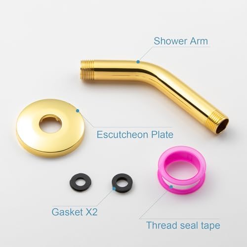 OFFO Shower Arm with Flange, 6 in Bright Gold Wall Mount Replacement Angle Shower Head Arm Wall-Mounted For Fixed Shower Head & Handheld Showerhead - 5