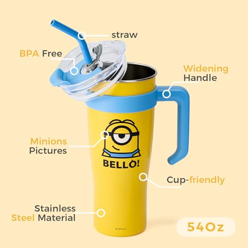 Image of MINISO Minions Travel Tumbler Stainless Steel Cup 54 oz with Handle Water Bottle with Lid and Straw Coffee Mug Holder Compatible BPA-Free for girls and kids | School Office Home