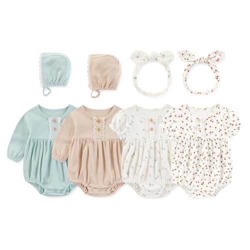 Newborn Baby Girl Clothes Cotton Bubble Rompers Infant Outfit Floral Long Short Bodysuit, 4 Pack