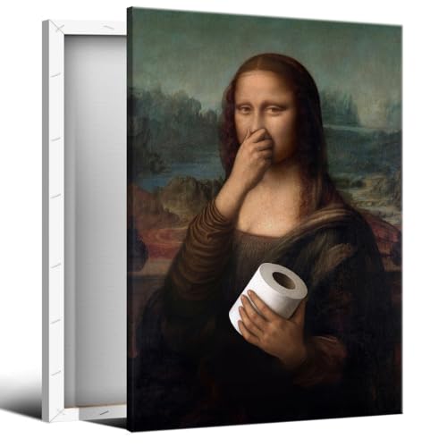 Funny Bathroom Wall Art, 12x16in Wrapped Canvas Humorous Mona Lisa