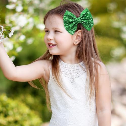 CN 5 Inch Green Glitter Hair Bows for Girls Alligator Clips Sparkly Sequin Hair Accessories for Kids Toddler Women on Birthday Wedding Christmas and Party