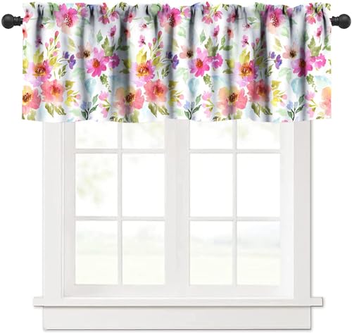 Llylumty Spring Floral Kitchen Valance, Watercolor Flowers Pink Yellow Window Treatment for Bedroom Living Room 54x18 Inch