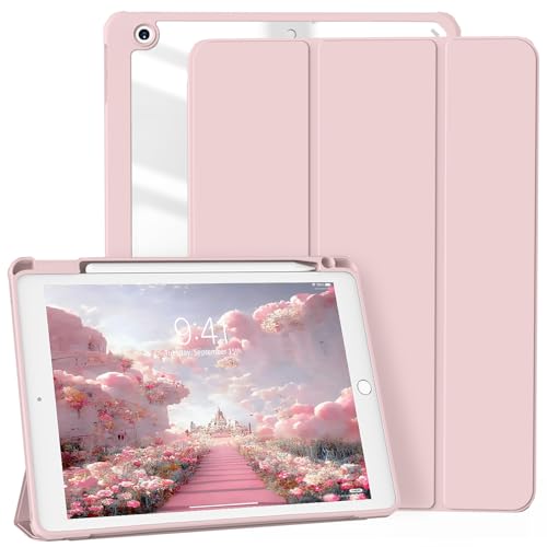 Étui iPad 9 / 8 / 7ème génération 10,2 pouces rose avec porte-stylo et coque transparente