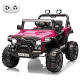 Kids Ride On Truck Car, 12V Ride On Toy Battery Powered Vehicles w/Parent Remote, Spring Suspension, Electric Car for Kids with Bluetooth Music, LED Light, Ideal Car Gift for Boys Girls, Rosy
