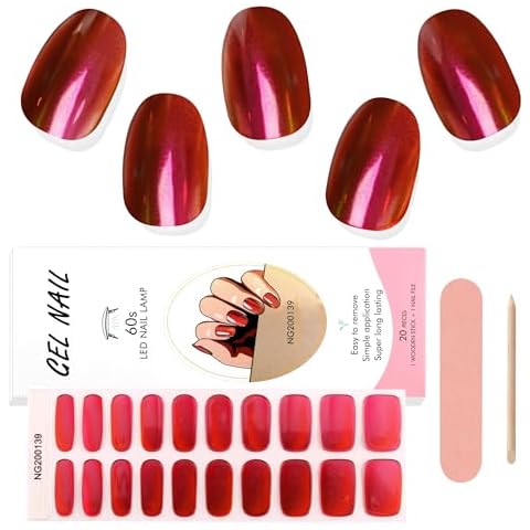 Kalolary Gel Nail Strips, Red Chrome Full Wrap Gel Nail Polish Stickers for Christmas New Year, Metallic Mirror Effect Nail Wrap Long Lasting Salon Quality, Nail File, Wood Stick Cover