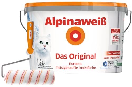 Alpinaweiß Das Original – optimal deckende und ergiebige weiße Wandfarbe – mit Spritz-Schutz-Formel – inkl. Spezialroller - 4 Liter Alpinaweiß Das Original – optimal deckende und ergiebige weiße Wandfarbe – mit Spritz-Schutz-Formel – inkl. Spezialroller - 4 Liter