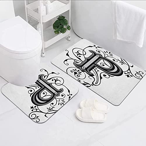 2-teilige rutschfeste Badematte,Buchstabe P Floral Swirls Essence Blooms Letters Barock inspirierter Initialen…