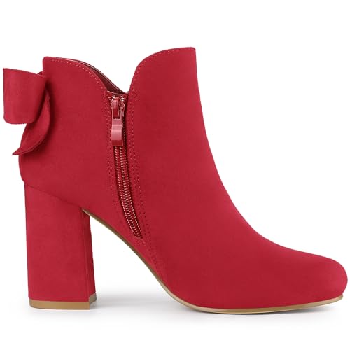 Allegra K Allegra K Women's Round Toe Bow Decor Chunky Heel Red Ankle Boots 5.5 M US