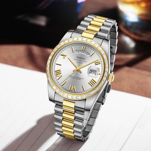 Image of NIBOSI Watches for Men Analog Quartz Diamond Bezel Stainless Steel Dial Rose Gold Silver Mens Watch Waterproof Business Classic Dress Wrist Watch with Day Date