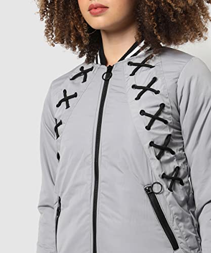 Image of PINACOLADA Women's Grey Puffer Regular Fit Bomber Jacket For Winter Wear | Low-Cut Standing Collar | Full Sleeve | Zipper | Casual Jacket For Woman & Girl | Western Stylish Jacket For Women