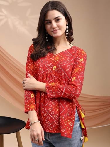 Image of MAHIRA'S Women's Short Kurti, Black Rayon Tunic Top with Embroidered Sleeves, 3 /4 Designer Sleeves
