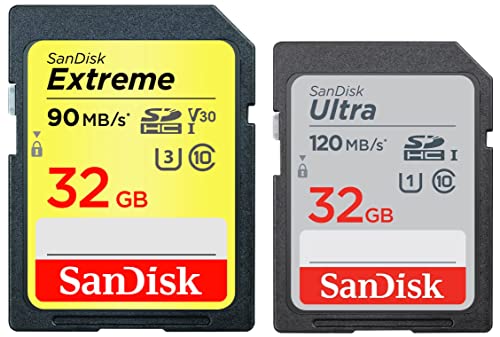 Image of SanDisk Extreme 32GB UHS-I SDHC Memory Card (SDSDXVE-032G-GNCIN) (Black /Yellow) & Ultra SDHC UHS-I Card 32GB 120MB /s R for DSLR Cameras, for Full HD Recording, 10Y Warranty