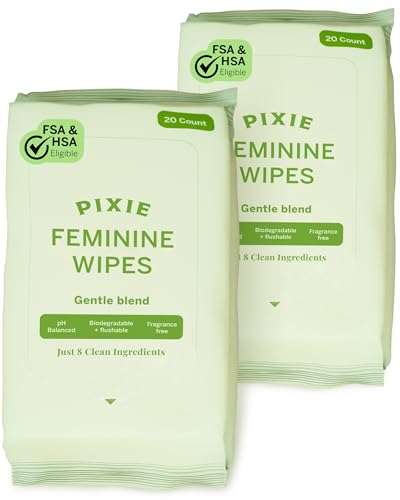 Pixie Menstrual Cup Wipes - On The Go Public Bathroom Feminine Wipes - Safe On Period Cups & Menstrual discs - Biodegradable Flushable Ph Balanced (20 Count (2 Pack)
