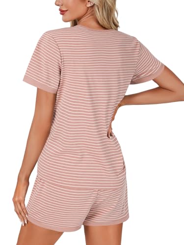 Image of LYANER Pajama Set for Women 2 Piece Lounge Set Striped Crew neck Short Sleeve Tops and Shorts Soft Sleepwear