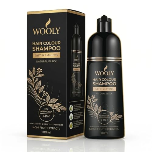 Image of Wooly Hair Colour Shampoo, Ammonia-Free, Natural Black, 180ml, Grey Coverage, for Indian Hair, with Noni Fruit Extracts, Olive Oil and Aloe Vera