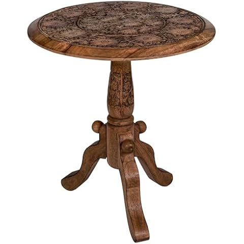 Bedding Craft Round End Table, Solid Wood Side Table, Small Couch Side Table, Mid-Century End Table, Retro Side Table, Boho Side Table for Living Room_18x21 - Burnt Natural Cover
