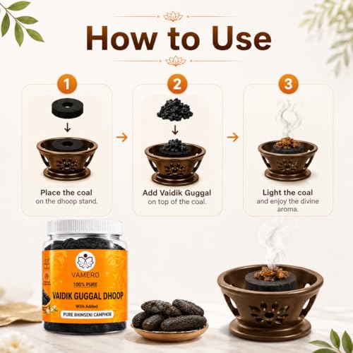 Image of VAMERO Vaidik Guggal Dhoop 200g | with Added Pure Bhimseni Camphor | India's First | for Home, Mandir, Puja, Meditation-Yoga, Office, Shop, Positive | Long Lasting Fragrance | Free Charcoal Tablets