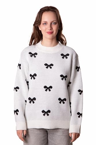 Madore Black White Bow Sweater for Womens Beige Bows Sweaters Adult Women Knit Valentines Day Sweater Christmas