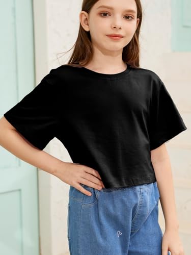 Girls Summer Crop Tops Kids Fashion Oversized Crew Neck Cropped Short Sleeve T Shirts Basic Tees Size 5-14 Years4