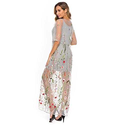 Image of BaronHong Women's Floral Embroidered Tulle Prom Half-Sleeve V Neck Midi Dress with Waist Strap