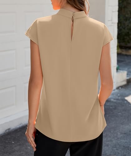 Image of Funlingo Womens Summer Tops Mock Neck Short Cap Sleeve Blouses Business Casual Work Chiffon Shirts Front Pleated Tunic Top