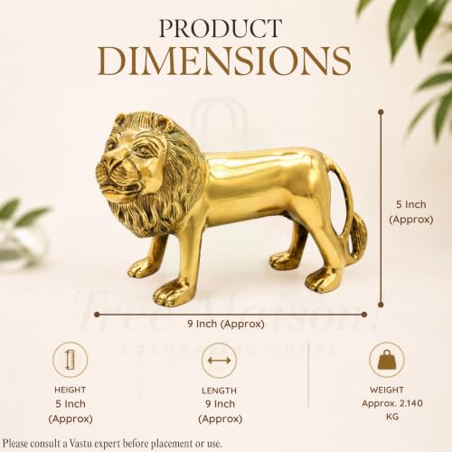 Image of Brass Lion Statue | Weight - 2140 G (Approx) | Size-5 x 9INCH | Vastu Remedy | Zonal Placement -North-North-East | Lion Statue for Home Decor | Showpiece