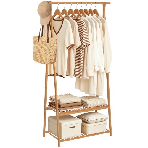 Bamboo Clothing Rack with Shelves, Wood Garment Rack for Hanging Clothes by COOGOU - Used condition - US$38.68