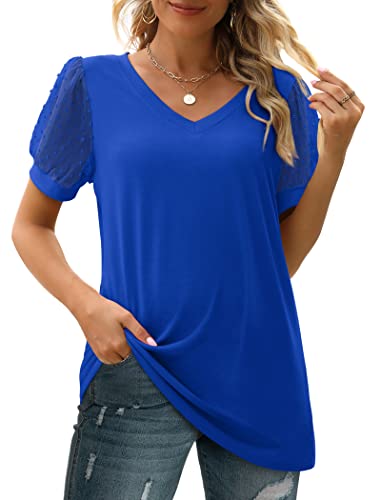 Image of Aokosor Womens Summer Tops V Neck T Shirts Swiss Dot Puff Sleeve Tops Loose Casual Tshirts