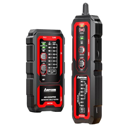 AMPCOM Wire Tracker & Network Cable Tester with PoE Detection, RJ45/RJ11 Line Tracer, USB-C Rechargeable, LED Light, for LAN/Ethernet/Telephone Continuity Testing