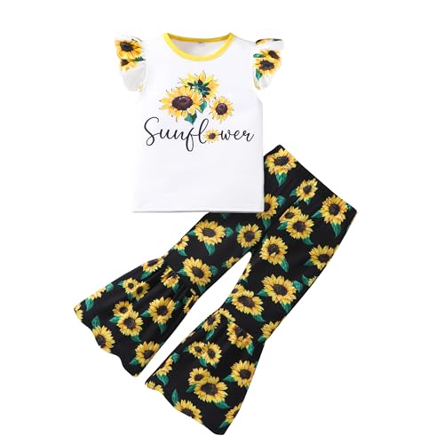 Image of Girls summer clothing 2PCS floral elements, pleated sleeve top flared pants set, suitable for 4T-12Y