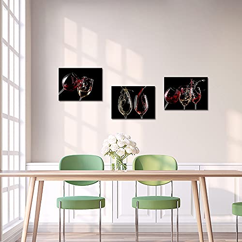 Kitchen Wall Decor Red Wine Cups Canvas Wall Art Wine Glass Black Artwork Painting Still Life Food Pictures Prints For Living Room Decoration Framed And Ready To Hang 12X16Inchx3Pcs #TOP1