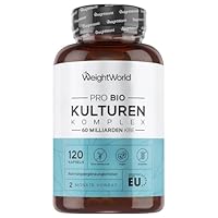 Pro Bio Kulturen Komplex - 60 Milliarden KBE pro Portion - Mit 20 Bakterienstämmen, Bio Inulin, FOS - 120 Kapseln - 2 Monate Vorrat - Mit Lactobacillus Reuteri & Bifidobacterium Infantis - WeightWorld