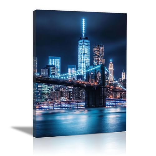 Toile nuit du pont bleu contre les murs ternes tableau moderne encadré 40x60