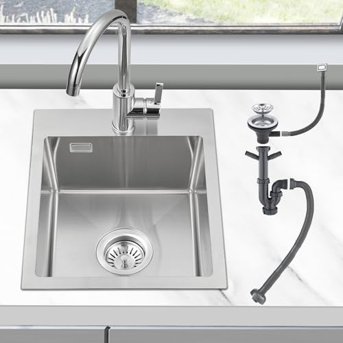 ROVOGO Küchenspüle 40 x 34 cm Edelstahl 304 Gebürstet, Spülbecken Küche mit Armaturloch, Ablaufgarnitur und Überlauf-Set, Einbauspüle 1 Becken Rechteckig, Einbau Spüle Klein Edelstahlspüle für Küche