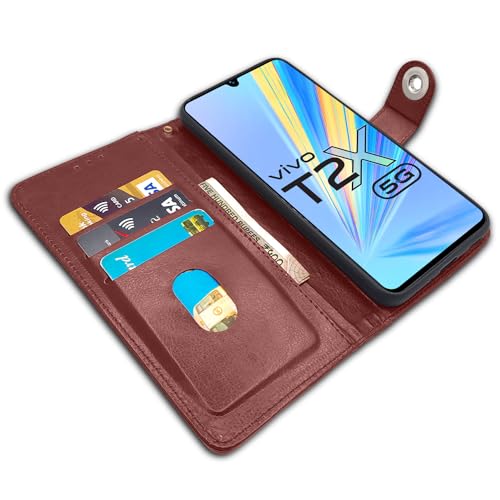 Image of Pikkme Vivo T2X / Y16 / Y56 5G Flip Cover Leather Finish | Inside TPU with Card Pockets | Wallet Stand and Shock Proof | Complete Protection Button Flip Case (Brown)