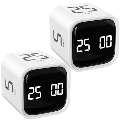 Image of Rotating Pomodoro Timer 5, 25, 10 50 Minutes Preset, Desk Productivity Flip Timer, Cube Countdown Stopwatch for ADHD, Vibration /High /Low Volume, for Work, Study, Back to School, Kitchen, 2 White